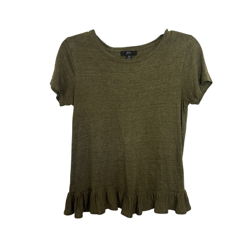 J Crew 100% Linen Olive Green Ruffle Short Sleeve Peplum Top XS Sustainable